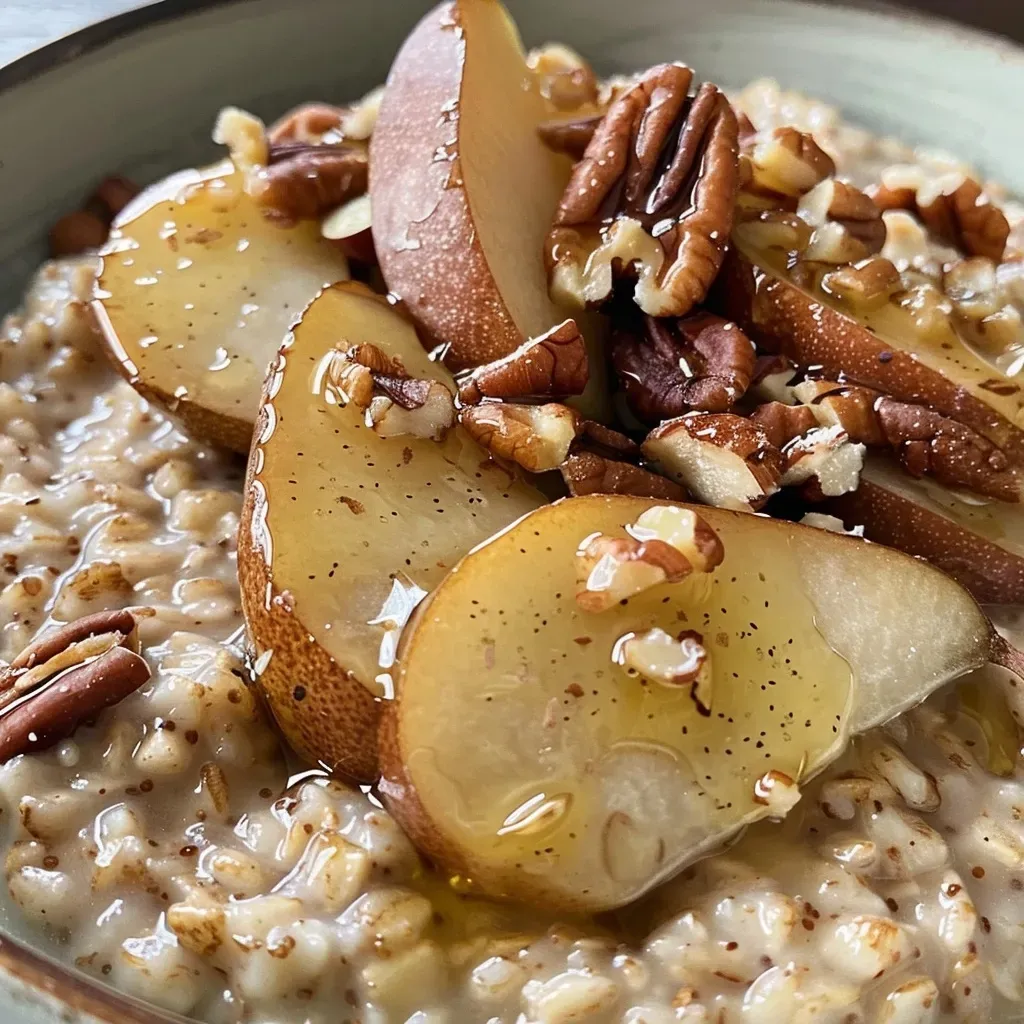 A close-up view of a bowl of brown sugar pear steel cut oats topped with pecans and granola.