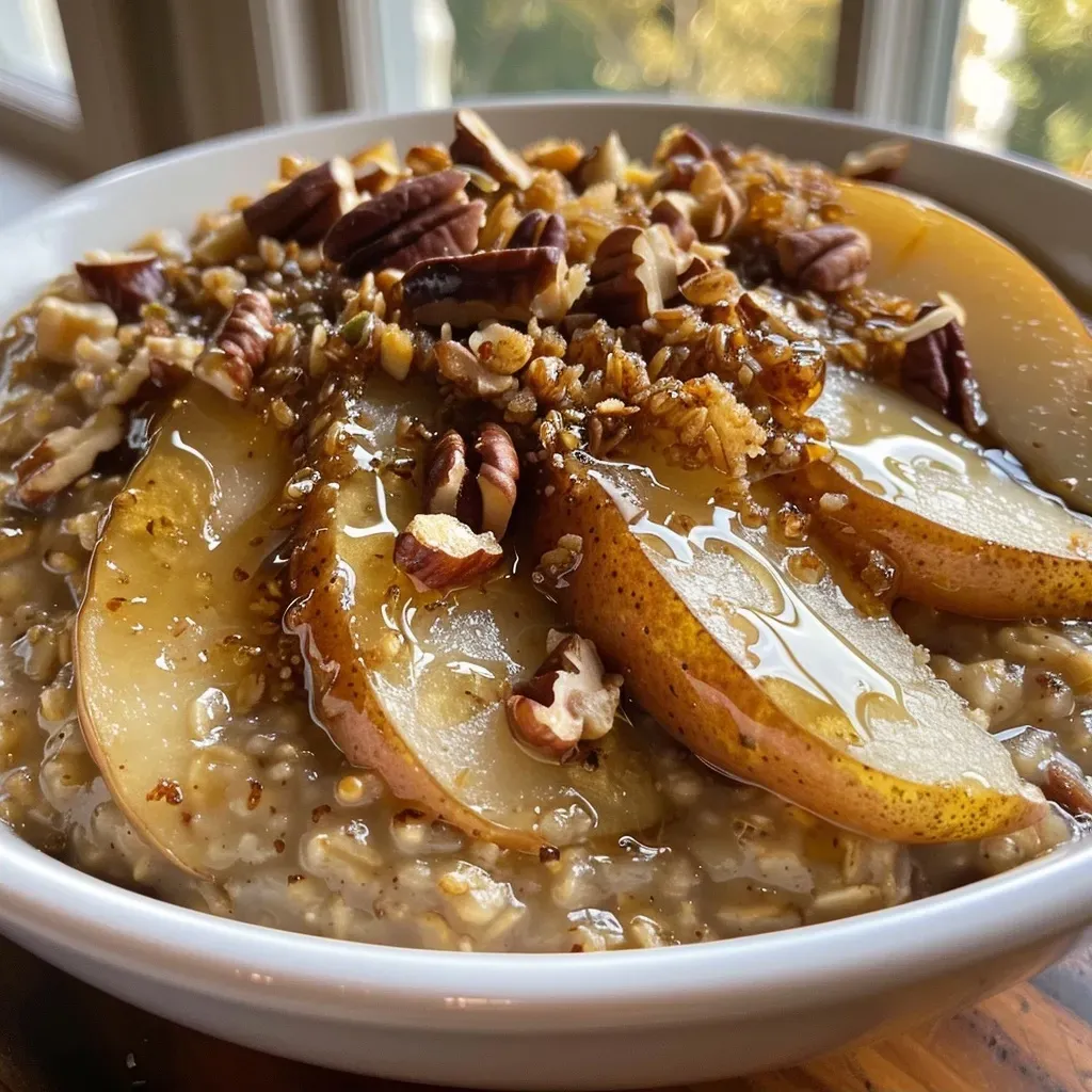 A close-up view of a bowl of brown sugar pear steel cut oats topped with pecans and granola.