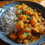 ['Close-up view of a bowl filled with vibrant roasted butternut squash and chickpea curry, garnished with coriander.', 'A side view of a creamy butternut squash and chickpea curry, showcasing its rich texture and colorful ingredients.', 'Overhead shot of a hearty bowl of butternut squash and chickpea curry, featuring copious spices and topped with fresh herbs.', 'Detailed view of a delicious curry dish with chunks of butternut squash and chickpeas, served with a side of basmati rice.']