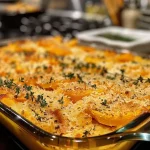 ['Close-up view of a golden butternut squash casserole, garnished with herbs.', 'Side perspective of a creamy butternut squash casserole in a baking dish.', 'A delicious butternut squash casserole, showcasing its rich, golden color and cheese topping.', 'Detailed image of a portion of butternut squash casserole with melted cheese on top.']