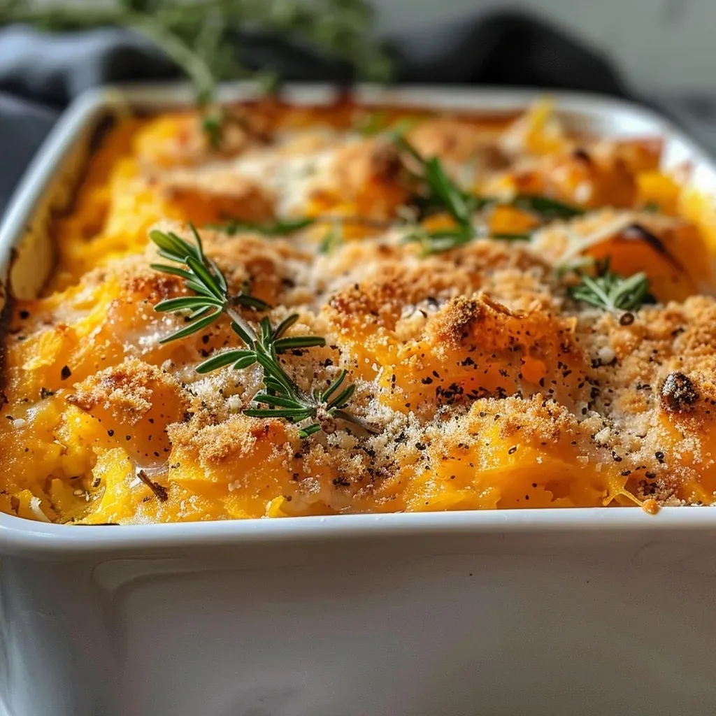 ['Close-up view of a delicious butternut squash casserole with ground beef and rice.', 'Slice of butternut squash casserole showcasing beef, rice, and a cheesy topping.', 'Juicy casserole filled with butternut squash, ground beef, and melted cheese.', 'Side view of a hearty butternut squash casserole on a plate.']