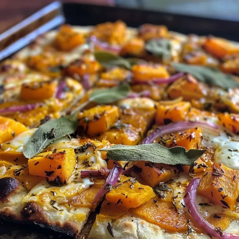 ['Close-up view of a butternut squash and burrata flatbread topped with crispy sage leaves.', 'Side shot of a delicious butternut squash flatbread with melted burrata and fried sage.', 'Appetizing flatbread featuring roasted butternut squash, creamy burrata, and garnished with crispy sage.', 'Juicy butternut squash flatbread with burrata and sage, captured in vibrant detail.']