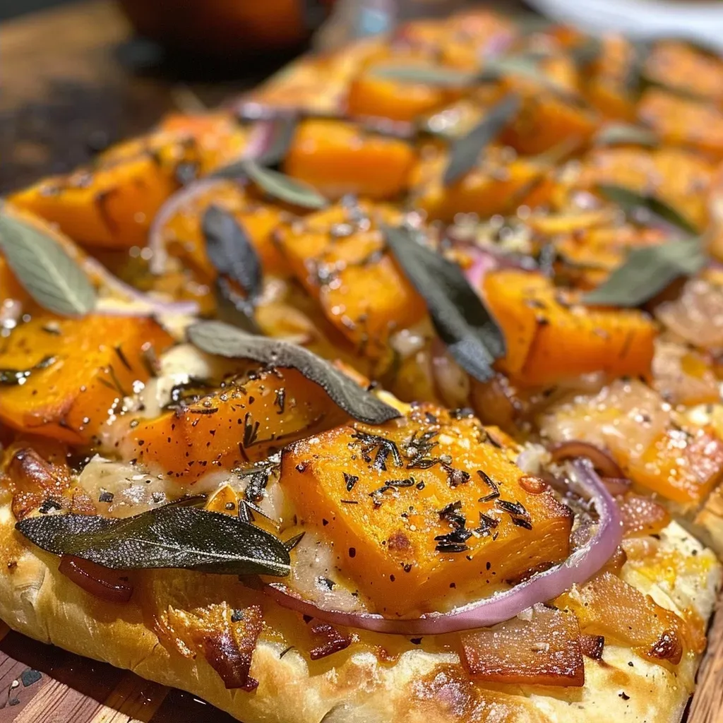 Close-up view of a butternut squash and burrata flatbread topped with crispy sage leaves.