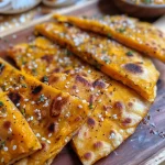 ['Close-up view of golden-brown Butternut Squash Flatbreads stacked on a plate.', 'Side view of freshly baked Butternut Squash Flatbreads, showcasing their texture and color.', 'Juicy Butternut Squash Flatbreads displayed with a rustic background, highlighting their ingredients.', 'A serving of Butternut Squash Flatbreads, revealing a fluffy interior and topped with sesame seeds.']