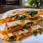 ['Close-up of a juicy butternut squash quesadilla, golden brown with melted cheese.', 'Side view of a delicious butternut squash quesadilla, garnished and ready to eat.', 'Sliced butternut squash quesadilla showcasing vibrant filling and crispy tortilla.', 'A stack of butternut squash quesadillas, with melted cheese oozing out.']