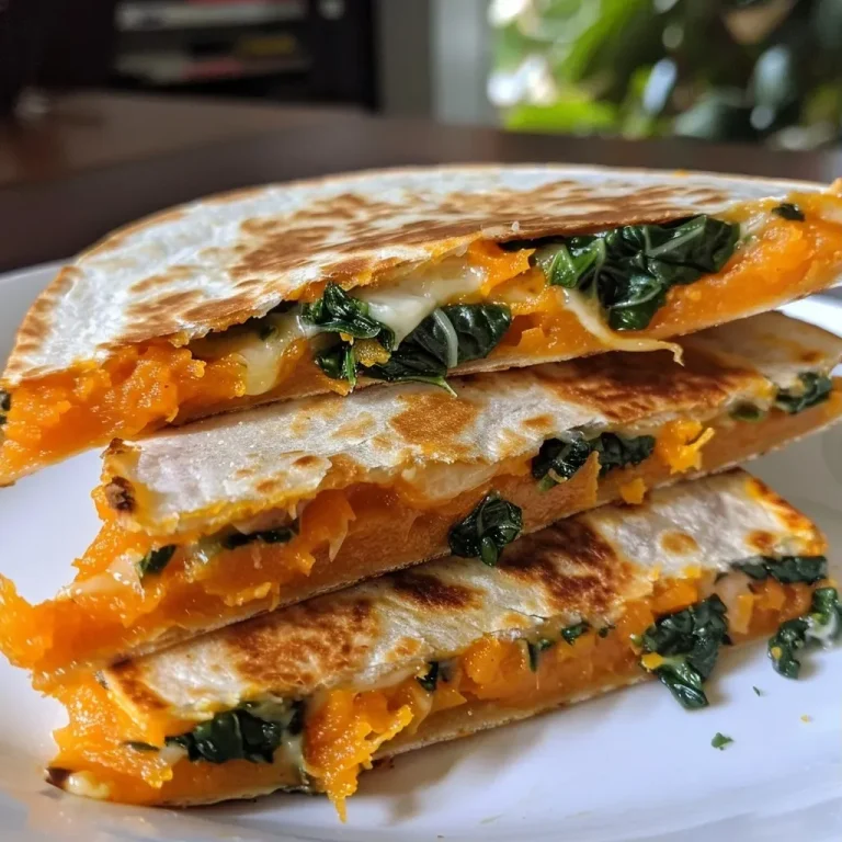 ['Close-up of a juicy butternut squash quesadilla, golden brown with melted cheese.', 'Side view of a delicious butternut squash quesadilla, garnished and ready to eat.', 'Sliced butternut squash quesadilla showcasing vibrant filling and crispy tortilla.', 'A stack of butternut squash quesadillas, with melted cheese oozing out.']