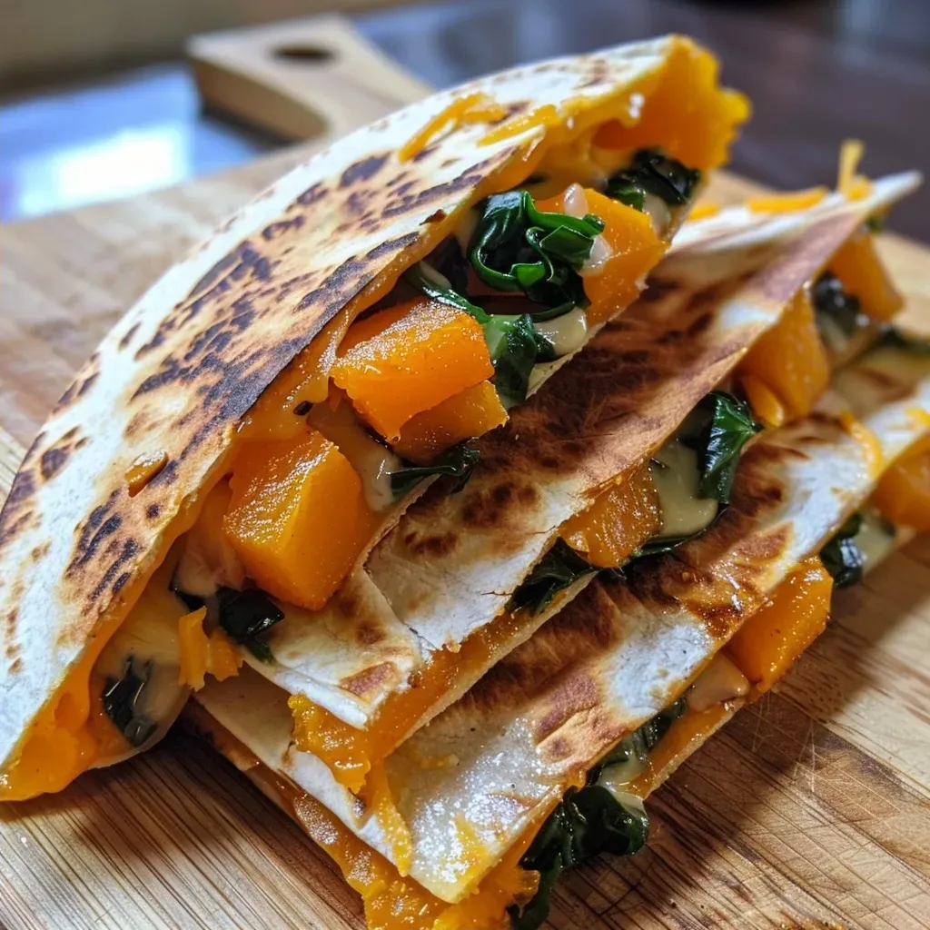 ['Close-up of a juicy butternut squash quesadilla, golden brown with melted cheese.', 'Side view of a delicious butternut squash quesadilla, garnished and ready to eat.', 'Sliced butternut squash quesadilla showcasing vibrant filling and crispy tortilla.', 'A stack of butternut squash quesadillas, with melted cheese oozing out.']
