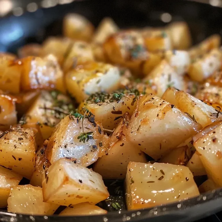 ['Close-up view of buttery stovetop turnip cubes, glistening with butter.', 'Juicy, golden-brown turnip cubes simmering on the stovetop.', 'Side view of cubed turnips garnished with herbs and butter.', 'A detailed look at soft, cooked turnips with a rich buttery sheen.']