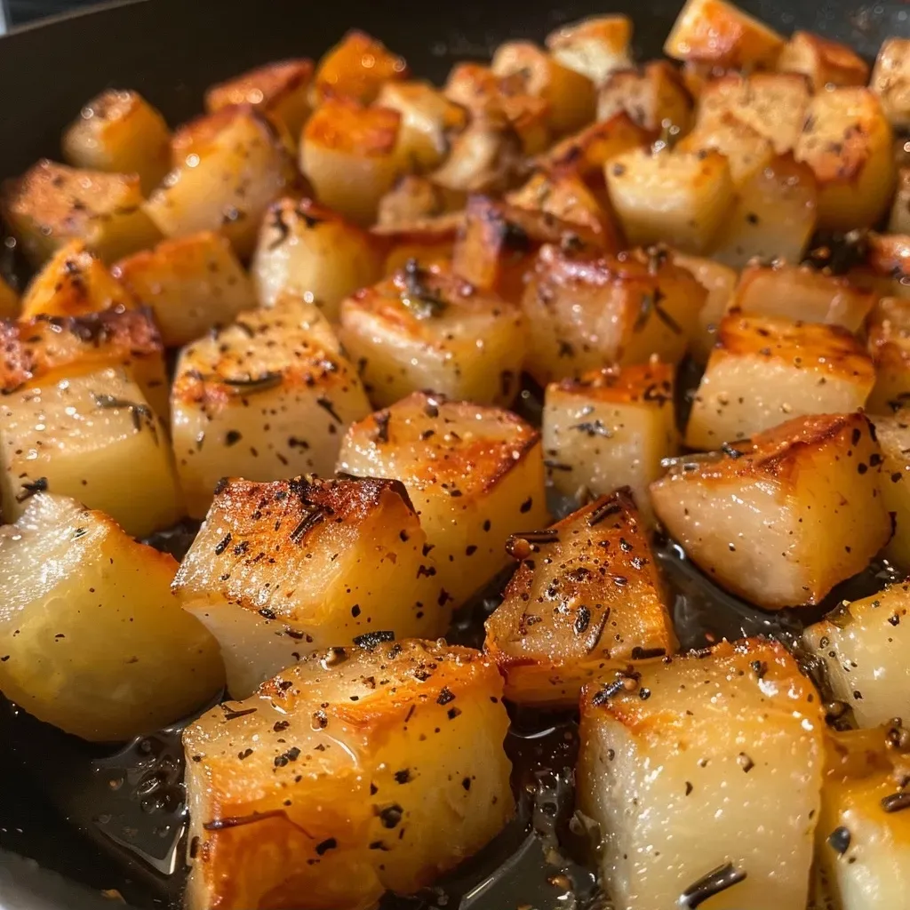 ['Close-up view of buttery stovetop turnip cubes, glistening with butter.', 'Juicy, golden-brown turnip cubes simmering on the stovetop.', 'Side view of cubed turnips garnished with herbs and butter.', 'A detailed look at soft, cooked turnips with a rich buttery sheen.']