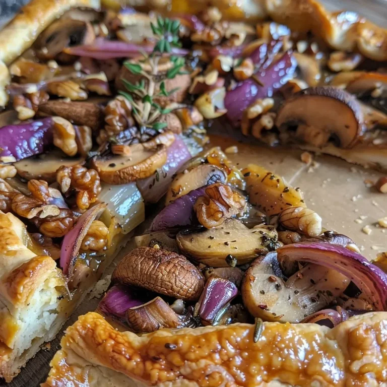 ['A close-up side view of a golden-brown California Walnut, Mushroom & Red Onion Galette, showcasing its flaky crust and rich filling.', 'A detailed image of a California Walnut Galette, featuring sliced mushrooms and red onions on a rustic pastry crust.', 'A mouthwatering California Walnut Galette, highlighting the texture of the crust and the filling of walnuts, mushrooms, and onions.', 'A vibrant side view image of a freshly baked galette, filled with California walnuts and topped with red onions and mushrooms.']