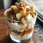 ['Close-up side view of a caramel apple crisp yogurt parfait with layers of yogurt, chopped apples, granola, and caramel.', 'A delicious caramel apple crisp yogurt parfait displayed in a clear glass, showing the apple and granola layers.', 'Side view of a yogurt parfait with caramel sauce dripping down, featuring colorful layers of apples and granola.', 'Close-up of a yogurt parfait with visible ingredients like apples, granola, and caramel, presented in a decorative glass.']