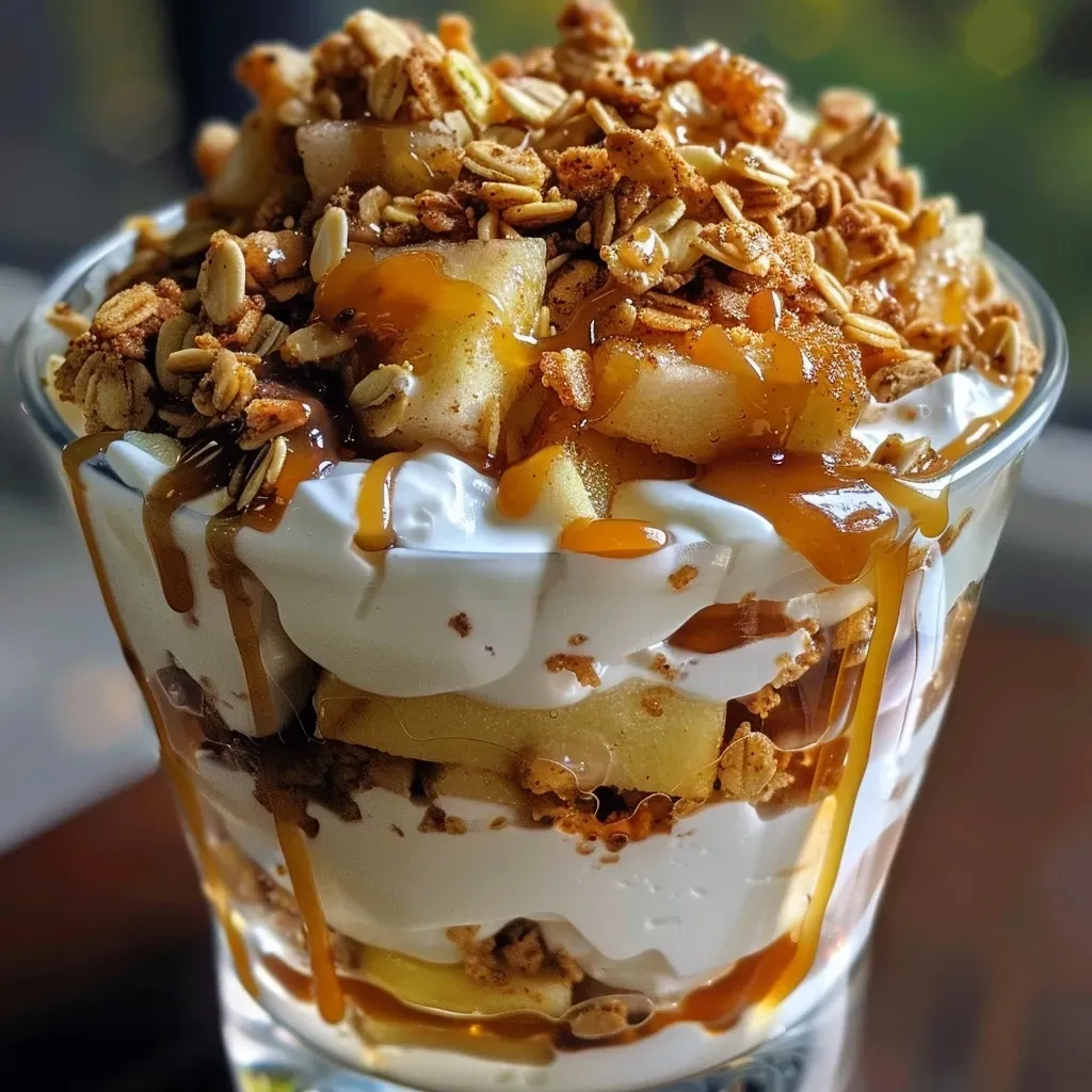 ['Close-up side view of a caramel apple crisp yogurt parfait with layers of yogurt, chopped apples, granola, and caramel.', 'A delicious caramel apple crisp yogurt parfait displayed in a clear glass, showing the apple and granola layers.', 'Side view of a yogurt parfait with caramel sauce dripping down, featuring colorful layers of apples and granola.', 'Close-up of a yogurt parfait with visible ingredients like apples, granola, and caramel, presented in a decorative glass.']
