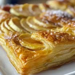 ['Close-up of a caramel apple Danish showing flaky pastry and apple slices.', 'Side view of a golden caramel apple Danish with visible apple filling and caramel drizzle.', 'Detailed view of a caramel apple Danish topped with a sprinkle of sea salt.', 'Mouthwatering caramel apple Danish featuring juicy apple slices and a shiny caramel layer.']