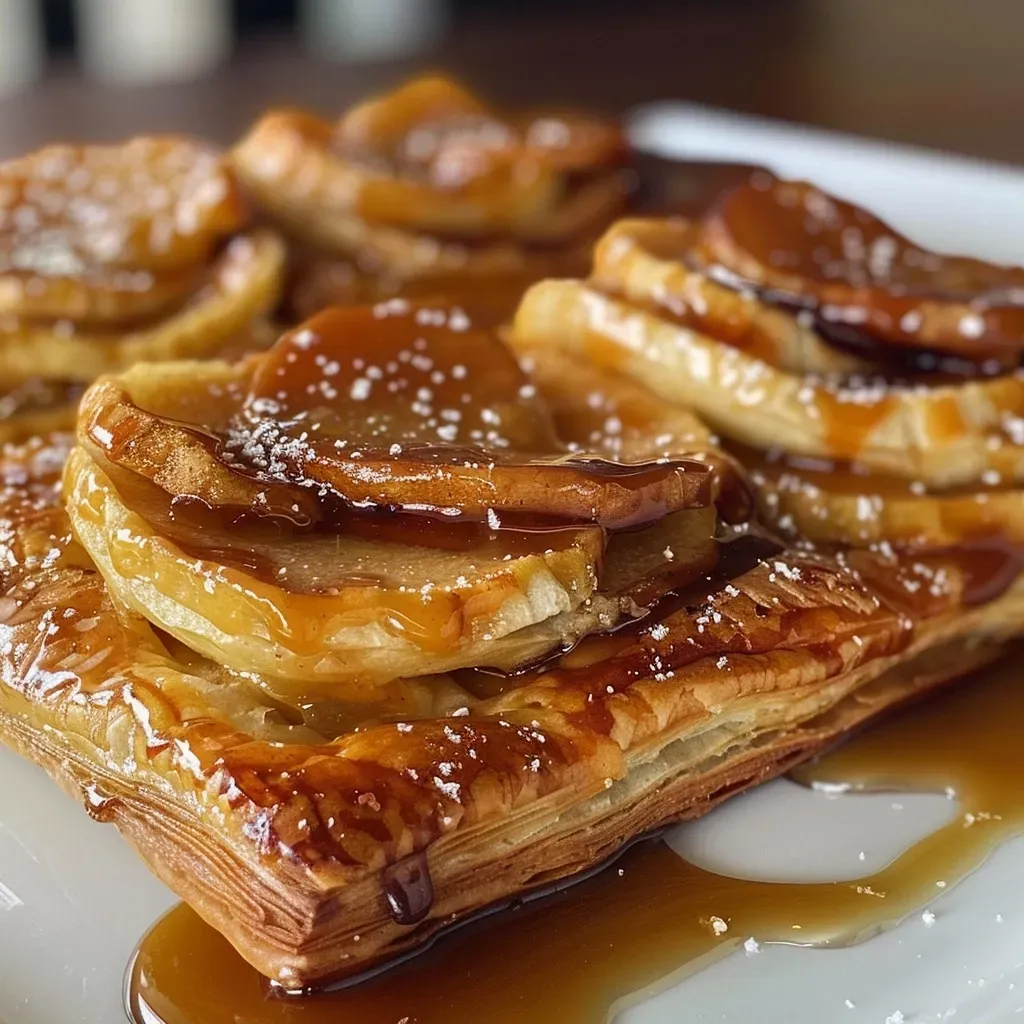 ['Close-up of a caramel apple Danish showing flaky pastry and apple slices.', 'Side view of a golden caramel apple Danish with visible apple filling and caramel drizzle.', 'Detailed view of a caramel apple Danish topped with a sprinkle of sea salt.', 'Mouthwatering caramel apple Danish featuring juicy apple slices and a shiny caramel layer.']
