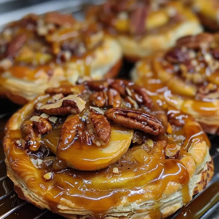 ['Close-up view of golden-brown pastries filled with apple and pecan, drizzled with caramel.', 'Side angle shot of freshly baked caramel apple pecan pastries, showcasing their flaky texture and rich toppings.', 'Juicy caramel apple pecan pastries arranged on a plate, highlighting the chunks of apple and nuts.', 'Detailed view of caramel apple pecan pastries featuring a glossy caramel topping and visible pecan bits.']