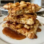['Close-up shot of caramel apple scones with a golden-brown crust and visible apple chunks.', 'Side view of freshly baked caramel apple scones, drizzled with caramel and sprinkled with icing sugar.', 'Juicy caramel apple scones arranged on a plate, showcasing their flaky texture and cinnamon color.', 'Delicious caramel apple scones highlighted with a glossy caramel glaze and bits of diced apple.']