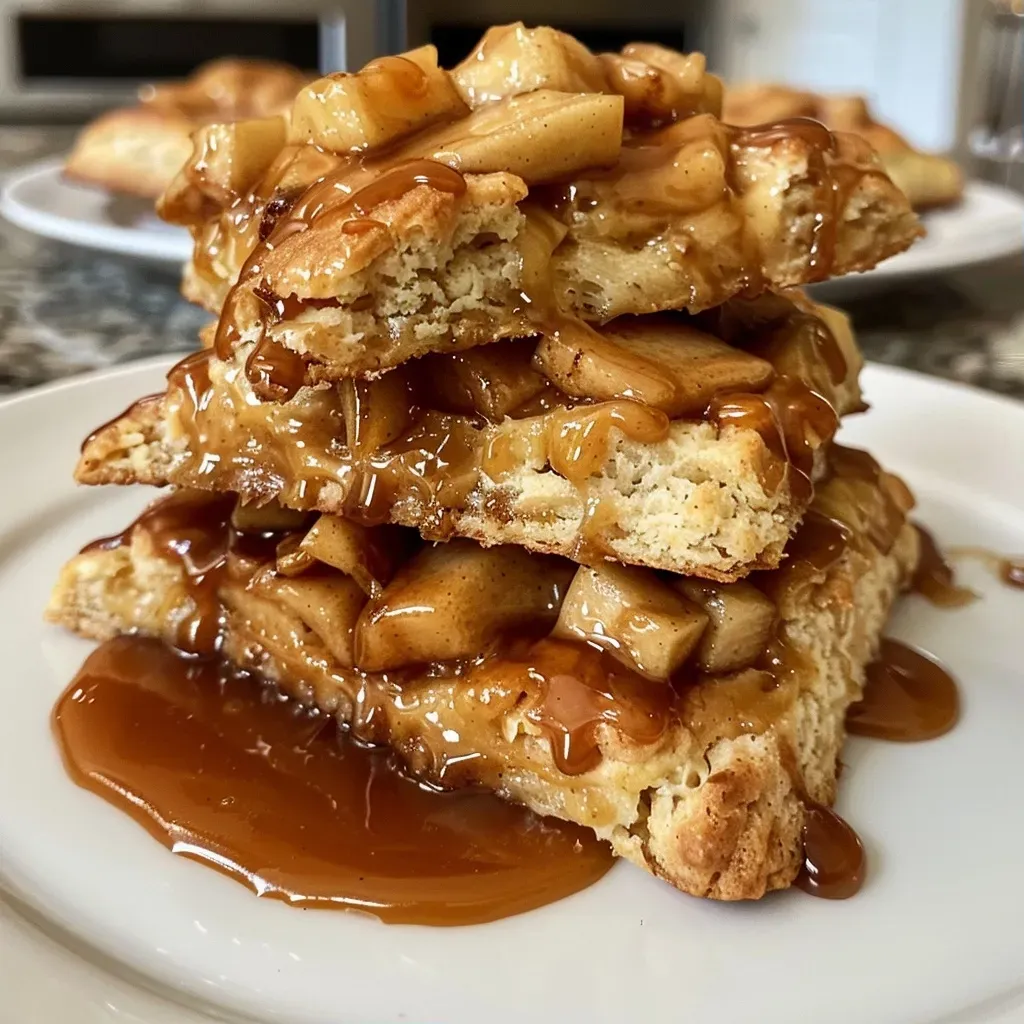 ['Close-up shot of caramel apple scones with a golden-brown crust and visible apple chunks.', 'Side view of freshly baked caramel apple scones, drizzled with caramel and sprinkled with icing sugar.', 'Juicy caramel apple scones arranged on a plate, showcasing their flaky texture and cinnamon color.', 'Delicious caramel apple scones highlighted with a glossy caramel glaze and bits of diced apple.']