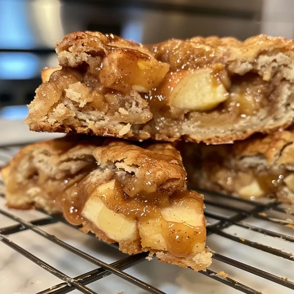 ['Close-up shot of caramel apple scones with a golden-brown crust and visible apple chunks.', 'Side view of freshly baked caramel apple scones, drizzled with caramel and sprinkled with icing sugar.', 'Juicy caramel apple scones arranged on a plate, showcasing their flaky texture and cinnamon color.', 'Delicious caramel apple scones highlighted with a glossy caramel glaze and bits of diced apple.']