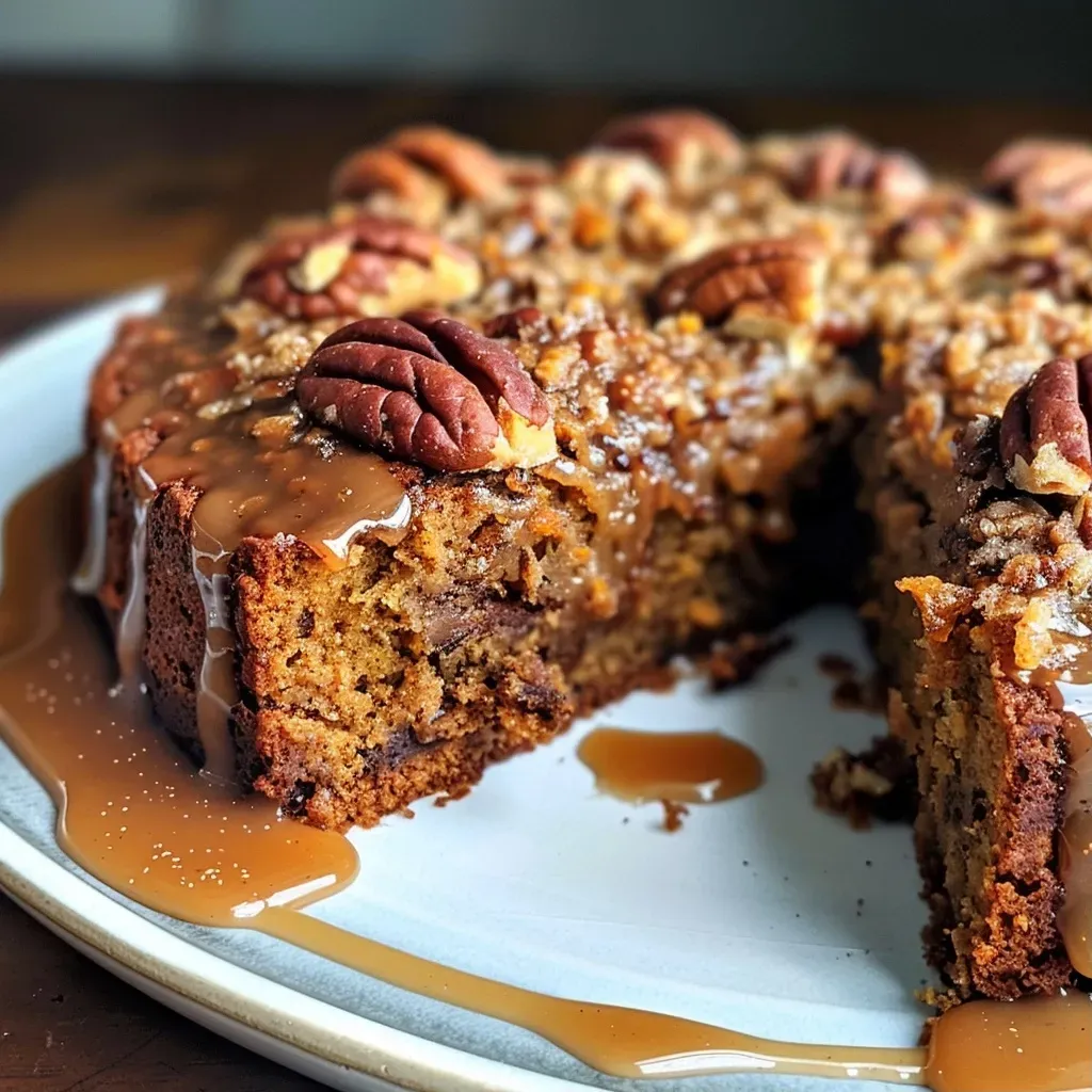 Close-up view of Caramel Chai Pumpkin Coffee Cake, showcasing its moist layers and rich caramel drizzle.