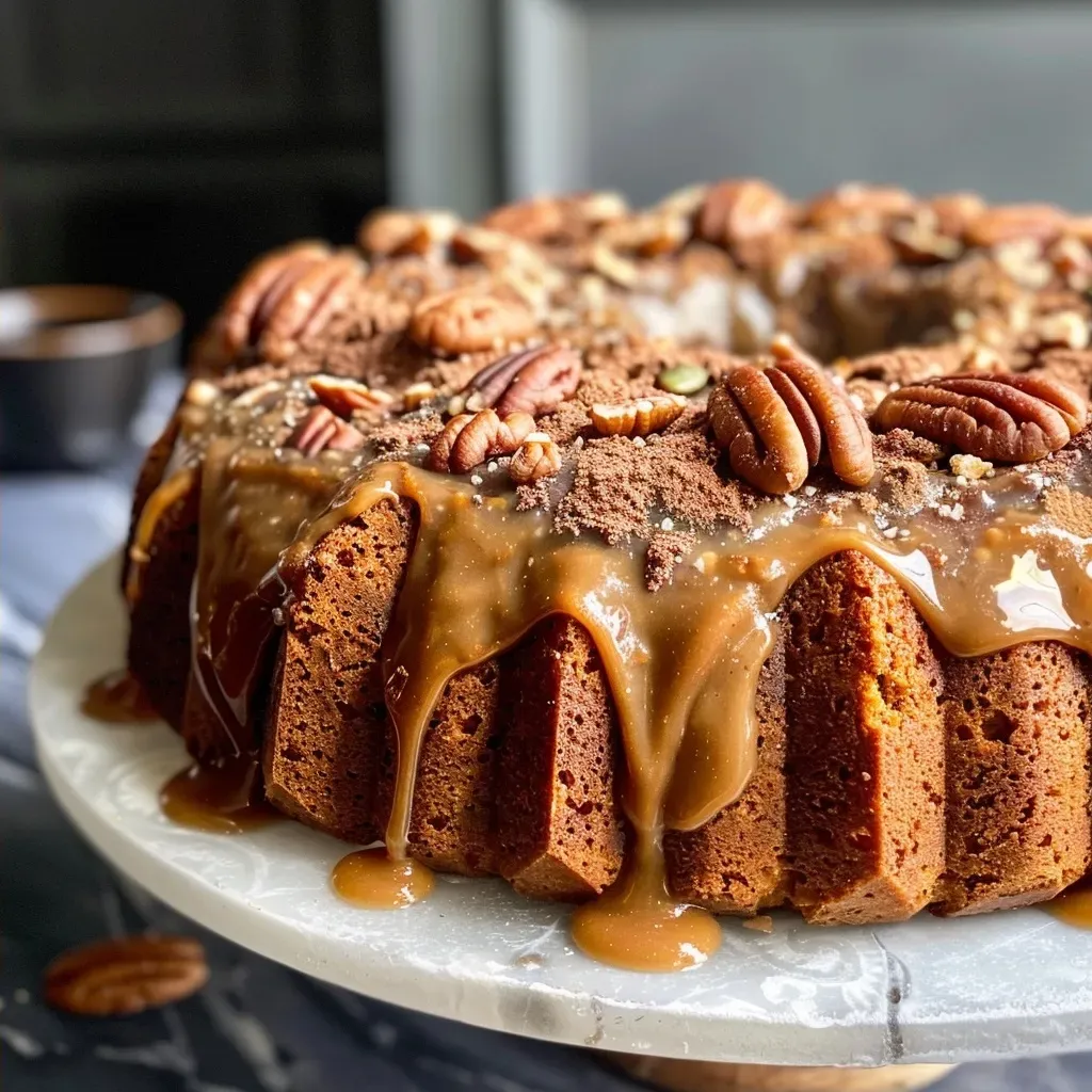 Close-up view of Caramel Chai Pumpkin Coffee Cake, showcasing its moist layers and rich caramel drizzle.