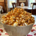 ['Close-up of caramel-coated popcorn with pumpkin spice flavor.', 'Side view of delicious caramel pumpkin spice popcorn in a bowl.', 'Juicy popcorn drizzled with caramel and sprinkled with pumpkin spice.', 'Tasty popcorn kernels coated in caramel and pumpkin spice seasoning.']