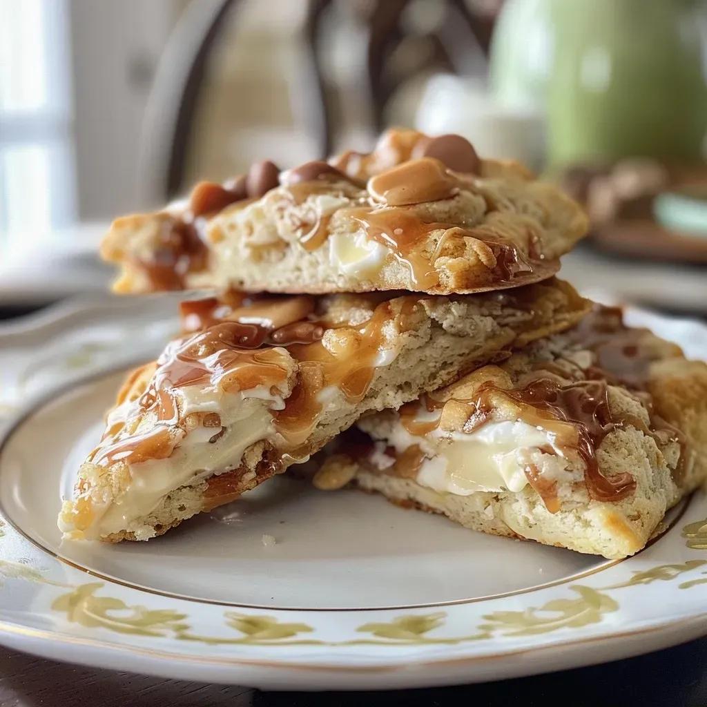 Close-up of golden Caramel Scones with a drizzle of caramel.