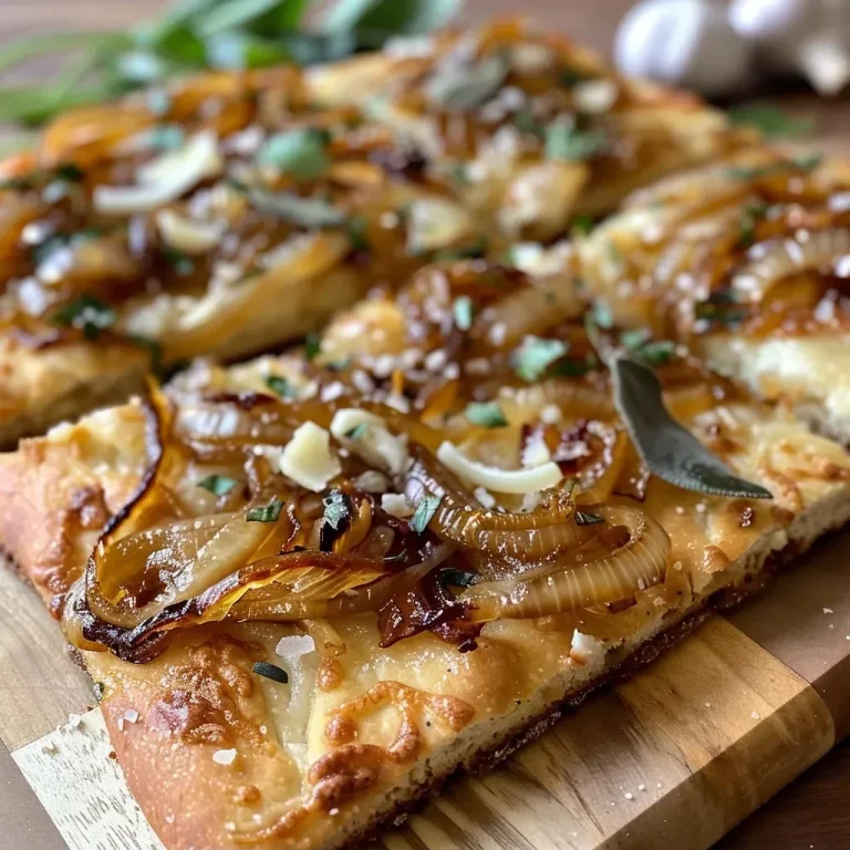 ['Close-up of a golden-brown caramelized onion flatbread topped with melted vegan cheese and fresh arugula.', 'Side view of a delicious flatbread with golden caramelized onions and herbs, garnished with arugula.', 'Juicy caramelized onion flatbread showcasing a crispy edge and melted vegan mozzarella.', 'A slice of flatbread topped with caramelized onions and vegan cheese, accompanied by a sprinkle of arugula.']