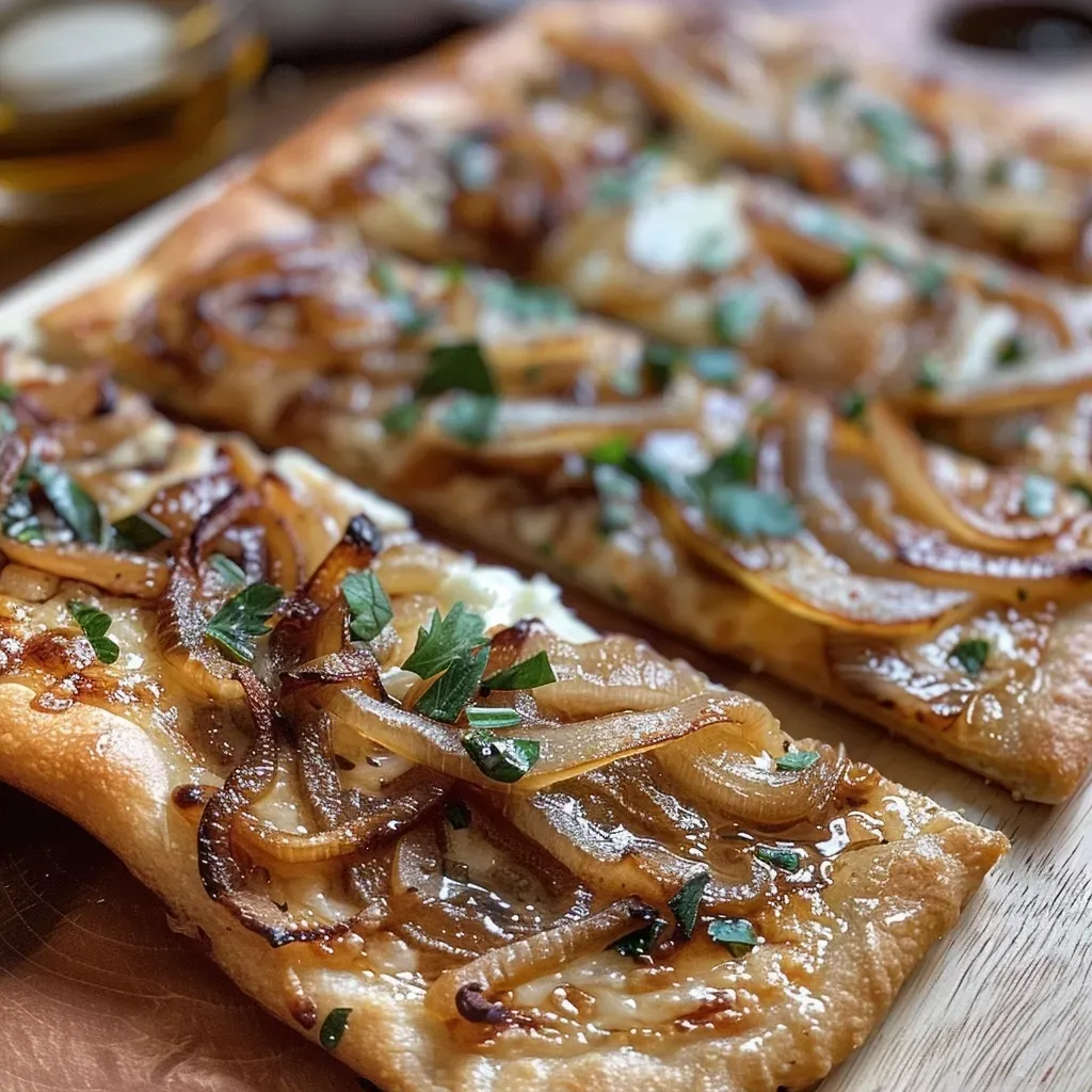 Close-up of a golden-brown caramelized onion flatbread topped with melted vegan cheese and fresh arugula.