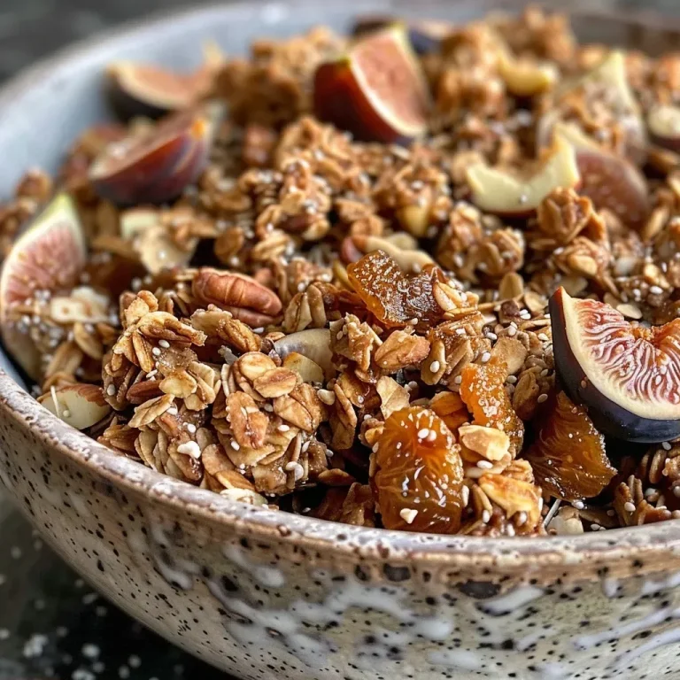 ['Close-up of crunchy Cardamom Fig Granola with visible figs and walnuts.', 'Side view of granola showing oats, chia seeds, and a rich texture.', 'Detail shot of homemade granola with hints of cardamom and fig preserves.', 'Appetizing granola mix featuring walnuts and chia seeds against a light background.']