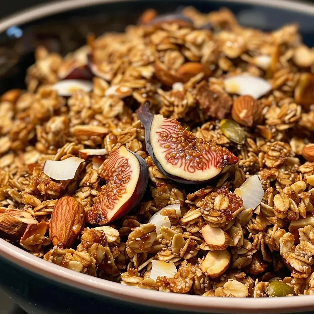 ['Close-up of crunchy Cardamom Fig Granola with visible figs and walnuts.', 'Side view of granola showing oats, chia seeds, and a rich texture.', 'Detail shot of homemade granola with hints of cardamom and fig preserves.', 'Appetizing granola mix featuring walnuts and chia seeds against a light background.']
