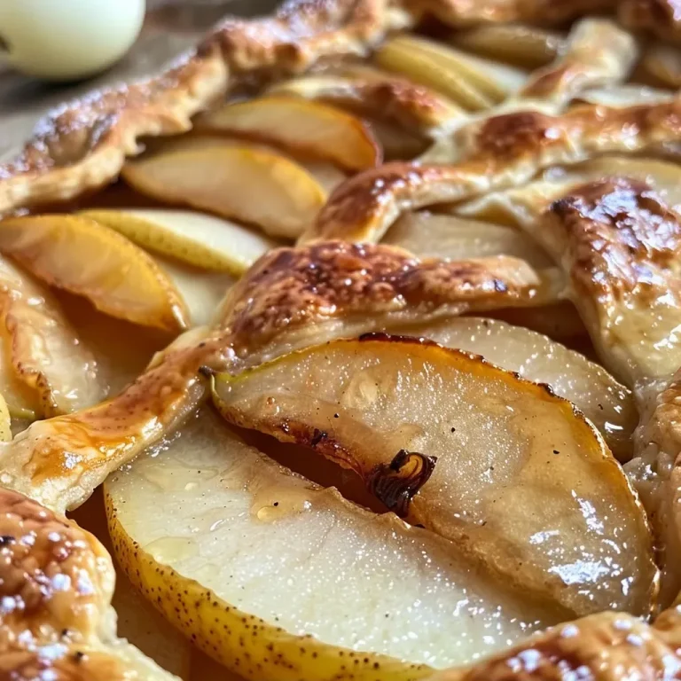 ['Close-up of a golden-brown cardamom pear galette with sliced pears on a rustic wooden table.', 'Side view of a juicy cardamom pear galette showcasing its flaky crust and pear filling.', 'Deliciously baked cardamom pear galette with visible pear slices and a sprinkle of sugar.', 'A succulent cardamom pear galette on a white plate, highlighting its crispy edges and juicy filling.']