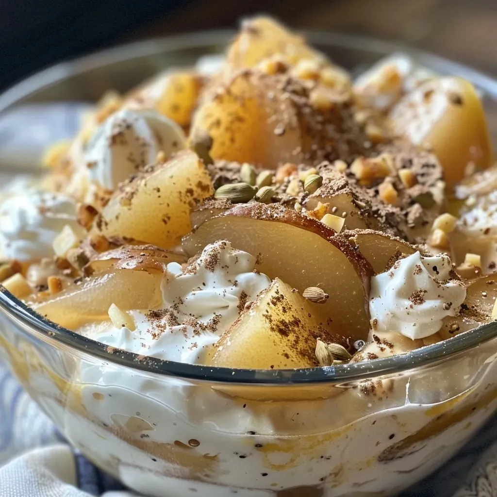['Close-up view of a cardamom pear trifle with layers of madeleines and custard.', 'Side view of a colorful trifle showcasing poached pears and sweet dukkah.', 'Detailed image of a luxurious trifle featuring creamy layers and spices.', 'Close-up of a decadent dessert with cardamom, pears, and long pepper cream.']