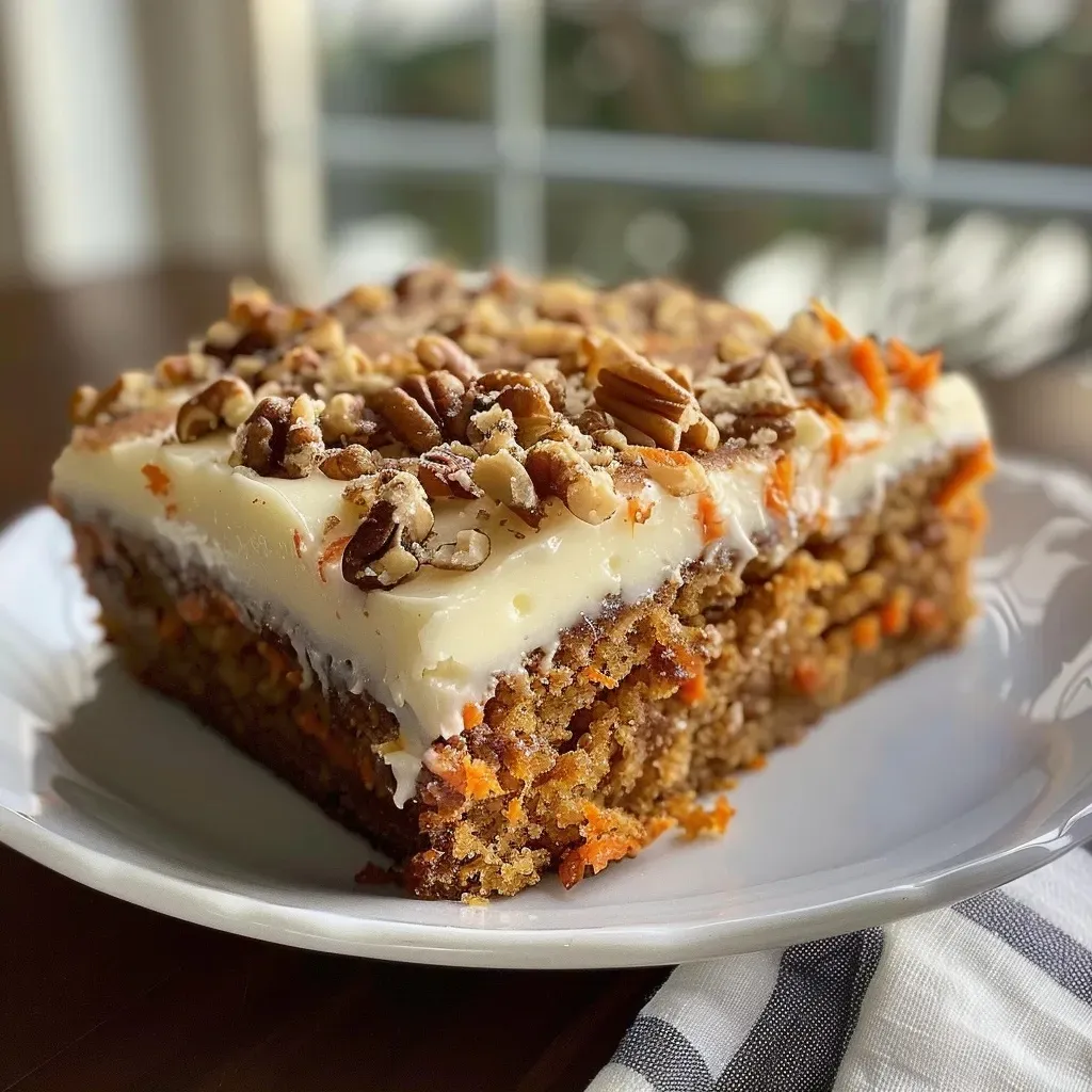 Close-up of a moist carrot sheet cake topped with creamy browned butter cream cheese frosting.