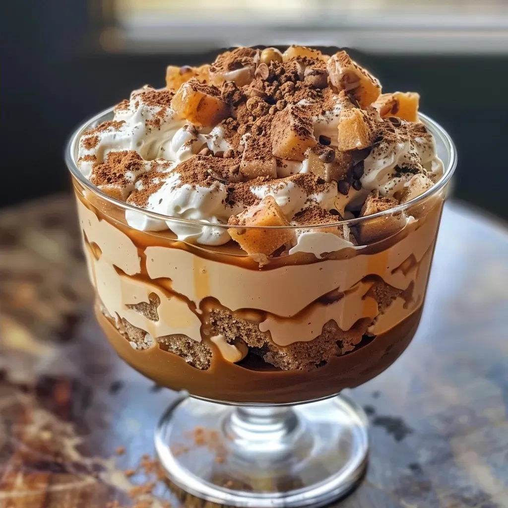 ['Close-up side view of a Chai Masala Tea-infused trifle in a glass dish.', 'Layered dessert showcasing Chai Masala Tea-infused custard and cake in a trifle glass.', 'Delicious trifle with visible layers of cream, cake, and spices, infused with Chai Masala Tea.', 'Colorful Chai Masala Tea trifle layered with creamy custard and sponge cake.']
