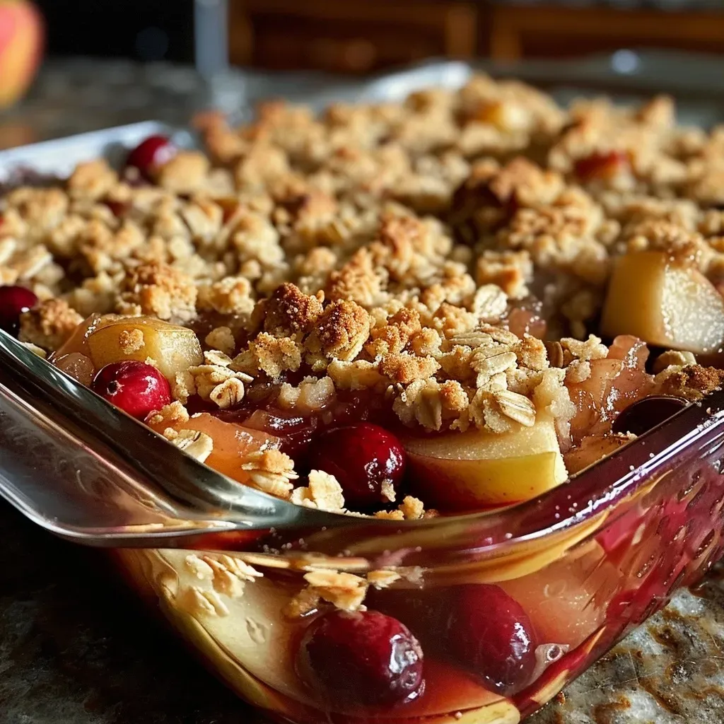 Close-up of a Chai Spice Apple Cranberry Crumble with a golden-brown topping.