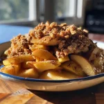 ['Close-up view of a warm Chai Spice Apple Crisp, with golden-brown topping and sliced apples visible.', 'Delicious Chai Spice Apple Crisp showing the crumbly oat topping and apple filling from a side angle.', 'Side view of freshly baked Chai Spice Apple Crisp, highlighting the spices and apple layers.', 'Close-up image of Chai Spice Apple Crisp, showcasing its texture and aromatic spices.']