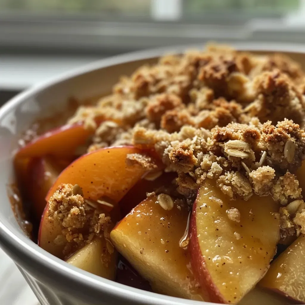 Close-up view of a warm Chai Spice Apple Crisp, with golden-brown topping and sliced apples visible.