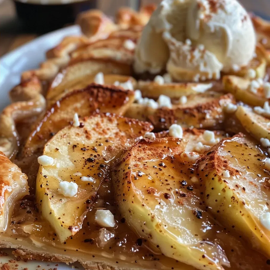 ['Close-up view of a Chai Spice Apple Ricotta Galette, showcasing its golden crust and apple filling.', 'Side view of a Chai Spice Apple Ricotta Galette on a rustic wooden table, highlighting the apple slices and spices.', 'Juicy Chai Spice Apple Ricotta Galette with a flaky crust, featuring thin apple slices on display.', 'Detailed photograph of a baked Chai Spice Apple Ricotta Galette with a sprinkle of coarse sugar.']