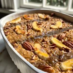 ['Close-up shot of Chai Spice Baked Oatmeal topped with a pecan crumble.', 'Side view of baked oatmeal featuring a golden pecan topping and creamy texture.', 'Detailed image of Chai Spice Baked Oatmeal with visible ingredients like pecans and spices.', 'Mouthwatering Chai Spice Baked Oatmeal served warm, showcasing its crumbly topping.']