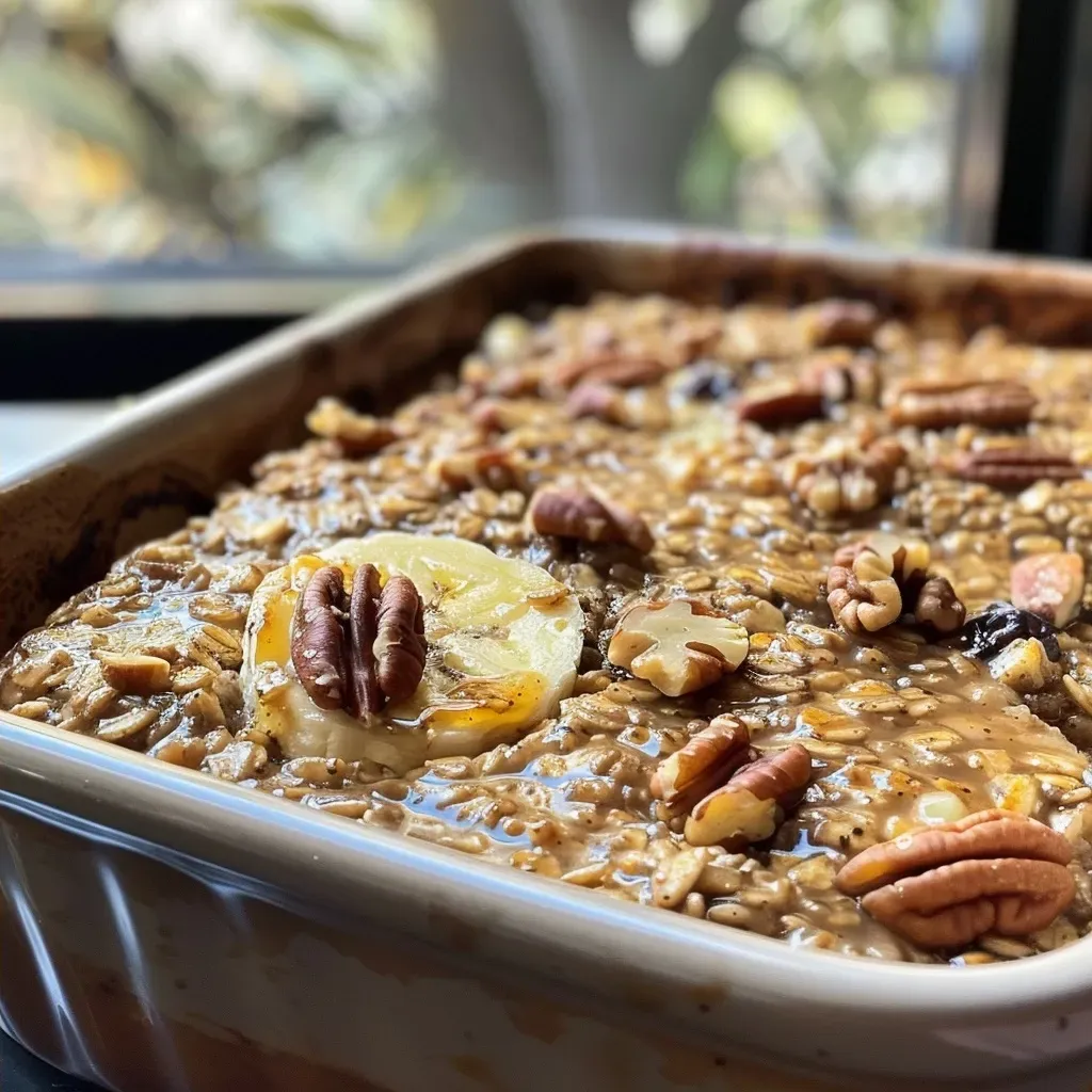 Close-up shot of Chai Spice Baked Oatmeal topped with a pecan crumble.