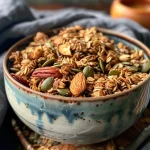 ['Close-up view of a bowl filled with Chai Spiced Granola, showcasing nuts and seeds.', 'Side view of a granola mix featuring almonds, pecans, and pumpkin seeds.', 'Detailed image of Chai Spiced Granola with spices and drizzled syrup.', 'Grains and nuts in a bowl, emphasizing the rich texture of Chai Spiced Granola.']