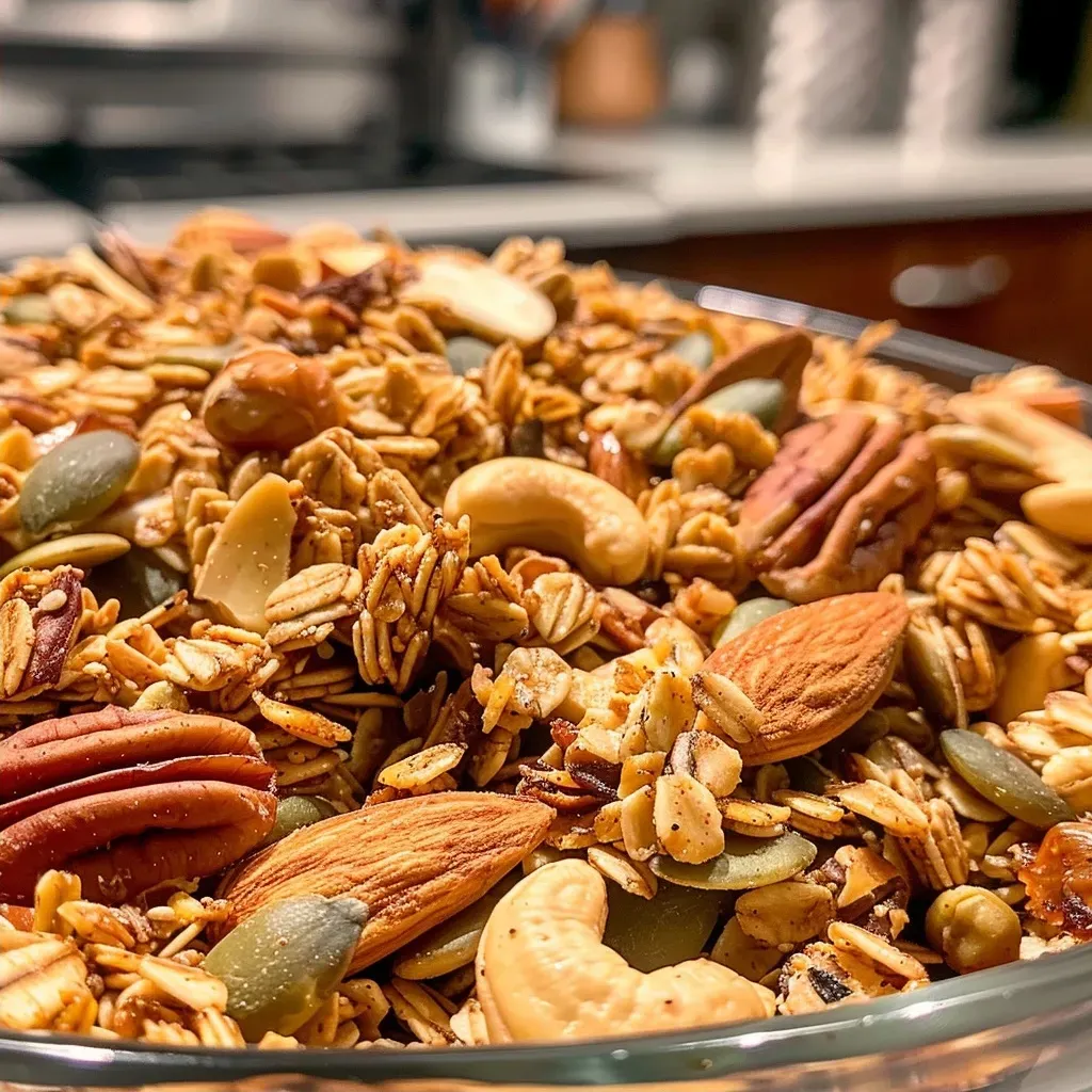 Close-up view of a bowl filled with Chai Spiced Granola, showcasing nuts and seeds.