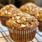 ['Close-up view of chai spiced pear muffins with oatmeal streusel on a plate.', 'Side photo of a fresh chai spiced pear muffin topped with crispy oatmeal streusel.', 'Juicy pear muffin with visible chunks of pear and a warm, spiced topping.', 'Delicious looking chai spiced pear muffins with a crunchy oat topping in soft lighting.']
