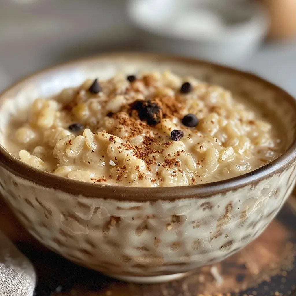 Close-up view of creamy chai spiced rice pudding in a bowl, garnished with coconut flakes and chocolate chips.