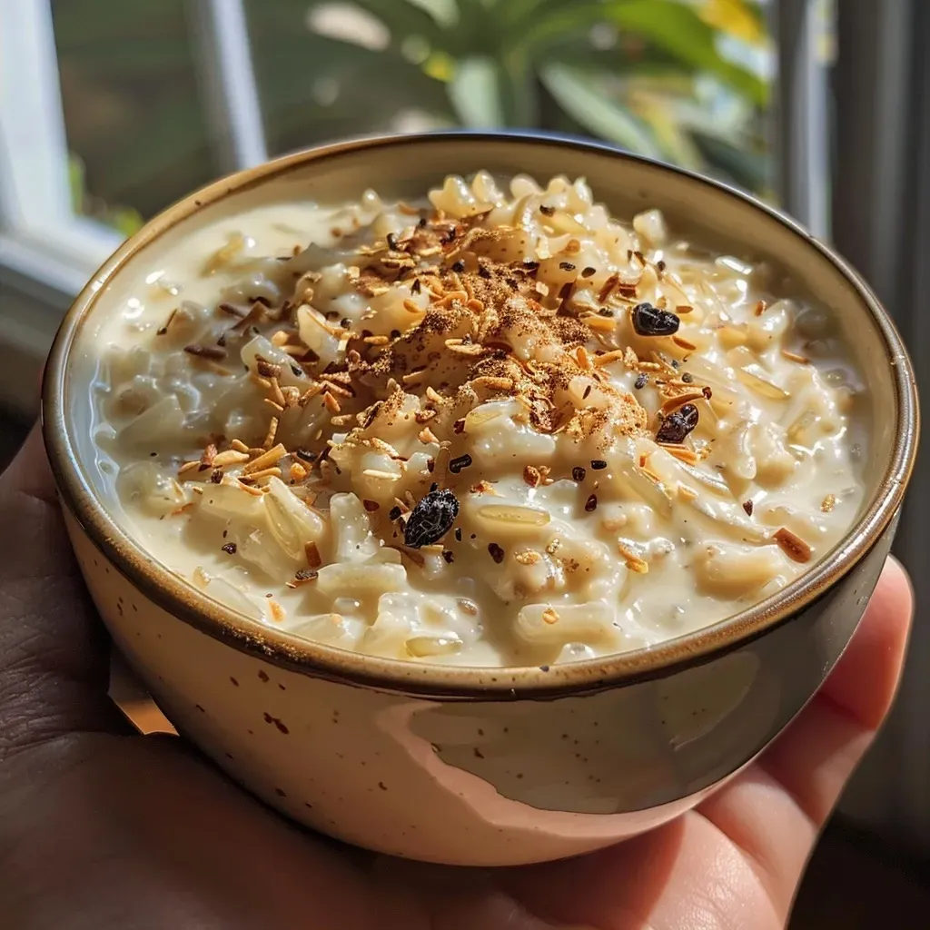 Close-up view of creamy chai spiced rice pudding in a bowl, garnished with coconut flakes and chocolate chips.