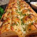 ['Close-up view of cheesy garlic pull-apart bread topped with melted butter and parsley.', 'Side view of golden brown cheesy garlic pull-apart bread, showcasing its gooey cheese filling.', 'Juicy and savory pull-apart bread filled with mozzarella and cheddar, garnished with parsley.', 'Detailed image of a loaf of cheesy garlic pull-apart bread, highlighting its soft texture and melting cheese.']