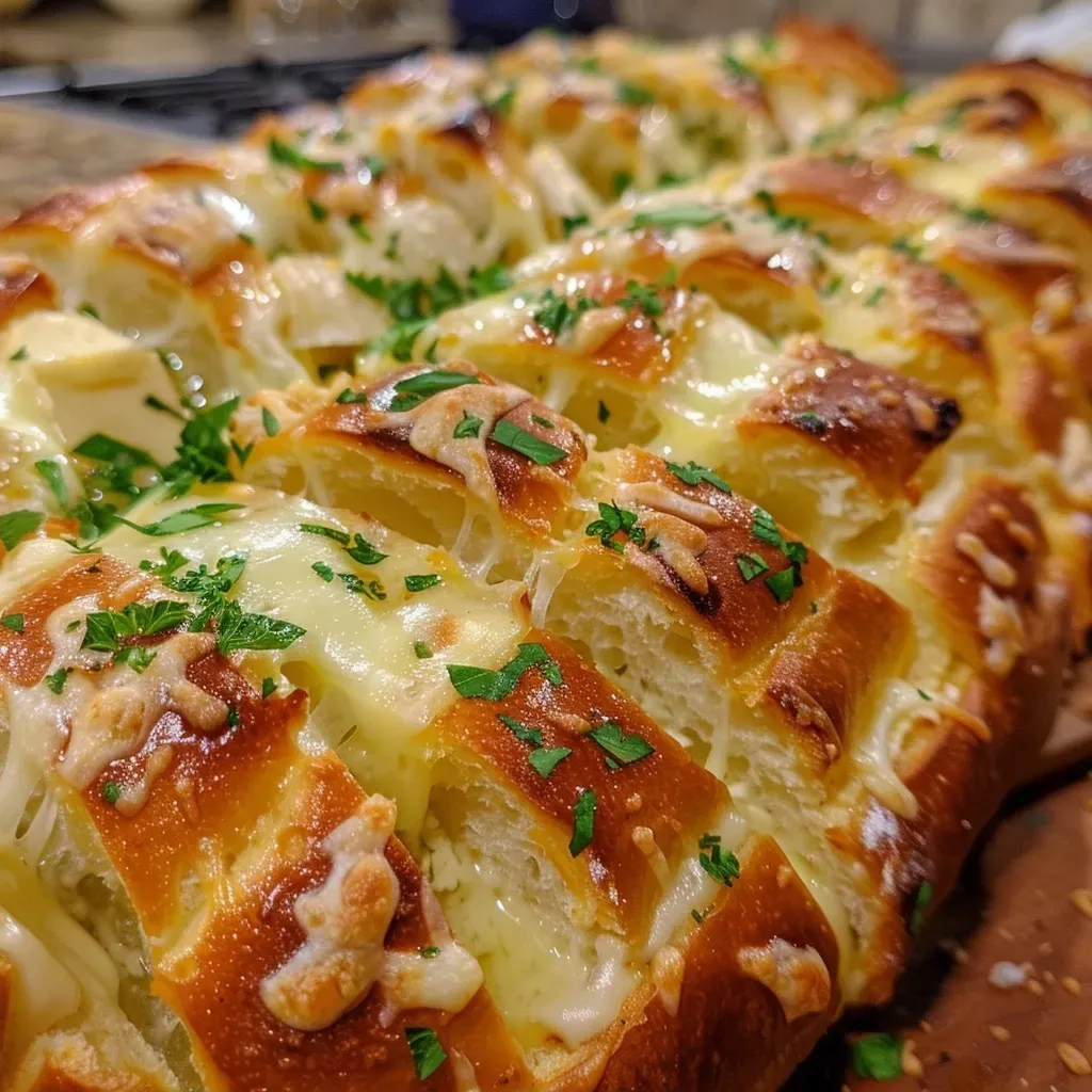 Close-up view of cheesy garlic pull-apart bread topped with melted butter and parsley.