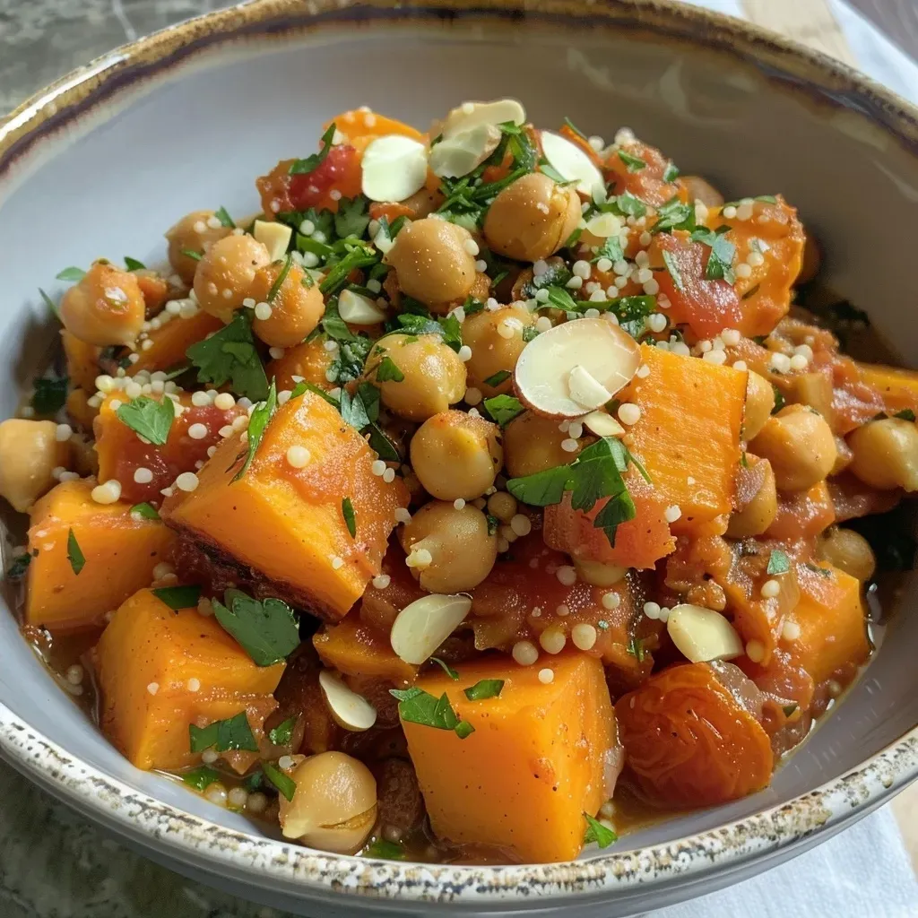 Close-up view of warm-spiced chickpea and sweet potato stew garnished with parsley and almonds.