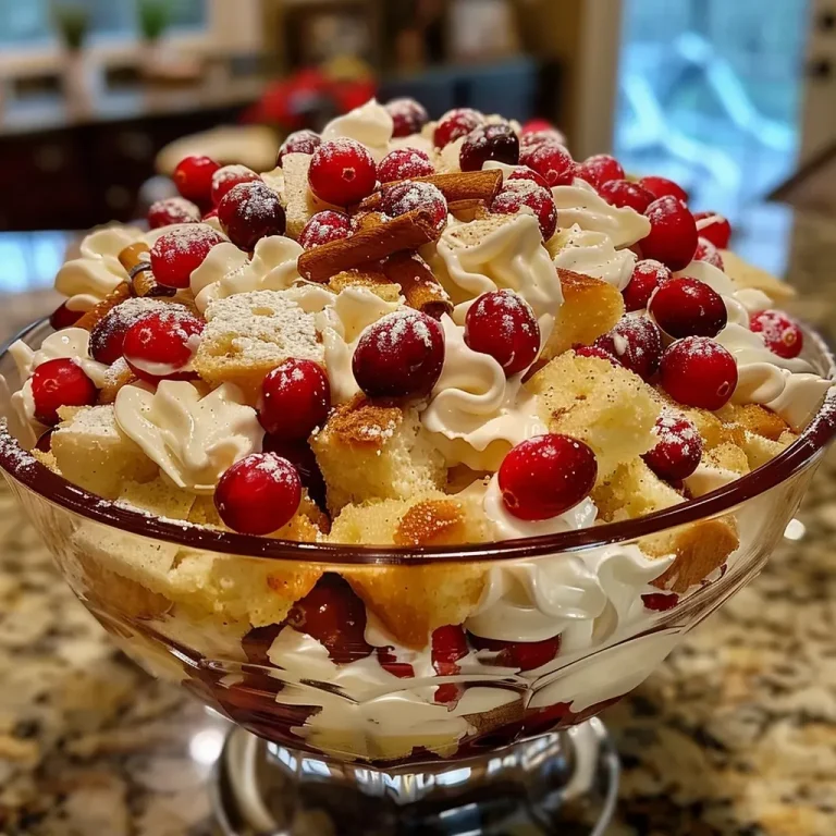 ['A close-up view of a colorful Christmas Trifle with layers of cranberries, cream, and cake.', 'A side view of a festive Christmas Trifle showcasing its rich layers and vibrant colors.', 'Detailed image of a Christmas Trifle featuring cranberries and cream in a transparent dish.', 'Close-up of a traditional Christmas Trifle with visible layers of ingredients, including cake and berries.']