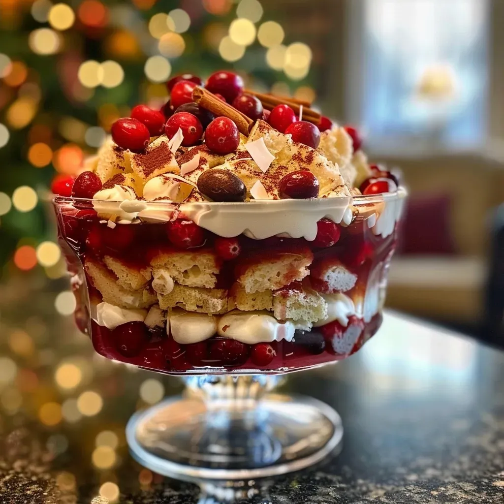 ['A close-up view of a colorful Christmas Trifle with layers of cranberries, cream, and cake.', 'A side view of a festive Christmas Trifle showcasing its rich layers and vibrant colors.', 'Detailed image of a Christmas Trifle featuring cranberries and cream in a transparent dish.', 'Close-up of a traditional Christmas Trifle with visible layers of ingredients, including cake and berries.']
